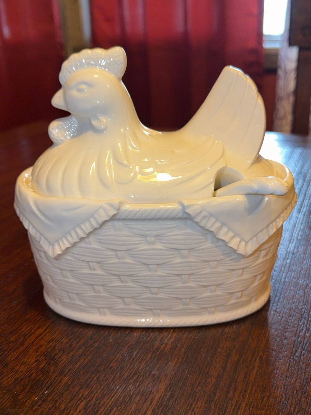 Vintage White Ceramic Hen on a nest gravy  Boat With Ladle, Made In Japan
